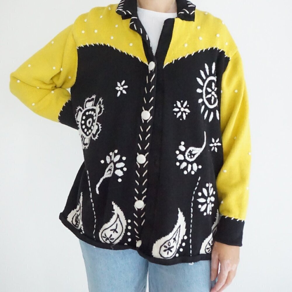 Vintage Storybook Yellow Black Embroidered Floral Button Knit Cardigan Sweater1X